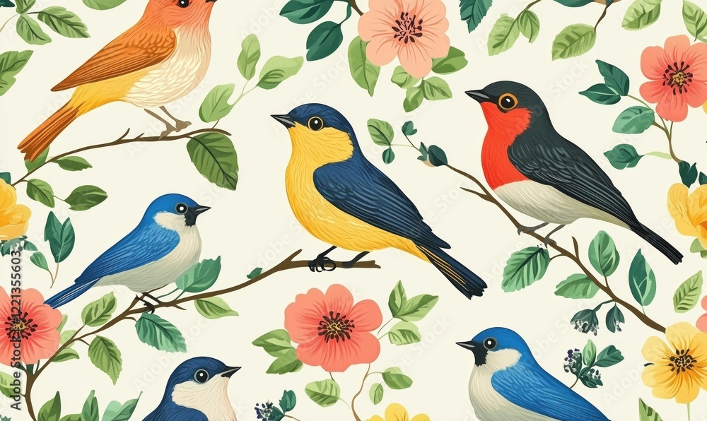 Colorful birds perched on branches surrounded by flowers and leaves, showcasing vibrant plumage and natural beauty Colorful birds perched on branches surrounded by flowers and leaves, showcasing vibrant plumage and natural beauty