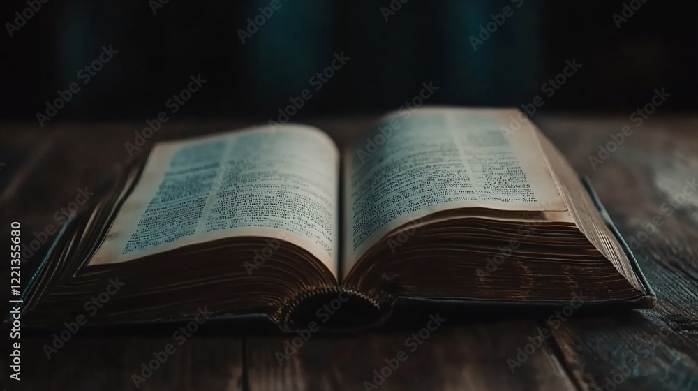 An Old Open Book with yellowed pages Laying on the wooden table top An Old Open Book with yellowed pages Laying on the wooden table top