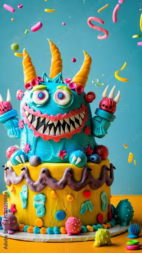 A whimsical, monster-themed birthday cake bursting with vibrant colors and playful decorations. Animated greeting card for children. Playful, vibrant design. Event for kids. A whimsical, monster-themed birthday cake bursting with vibrant colors and playful decorations. Animated greeting card for children. Playful, vibrant design. Event for kids.