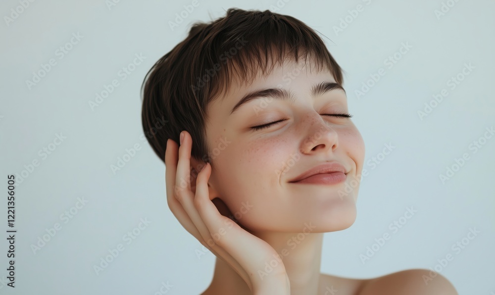 Smiling young woman with short hair enjoying a moment of tranquility, showcasing natural beauty and confidence against a soft background Smiling young woman with short hair enjoying a moment of tranquility, showcasing natural beauty and confidence against a soft background