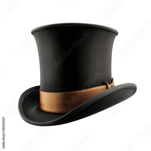 Elegant black top hat with a golden band on a transparent background
