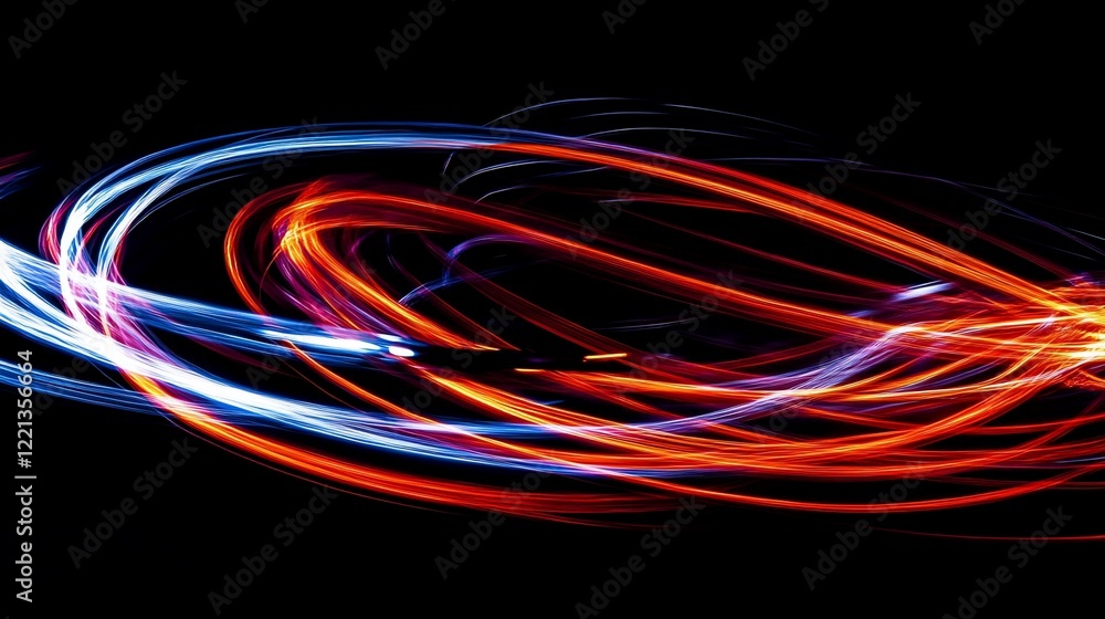 Abstract swirling light trails of red and blue against a black background creating a dynamic effect Abstract swirling light trails of red and blue against a black background creating a dynamic effect