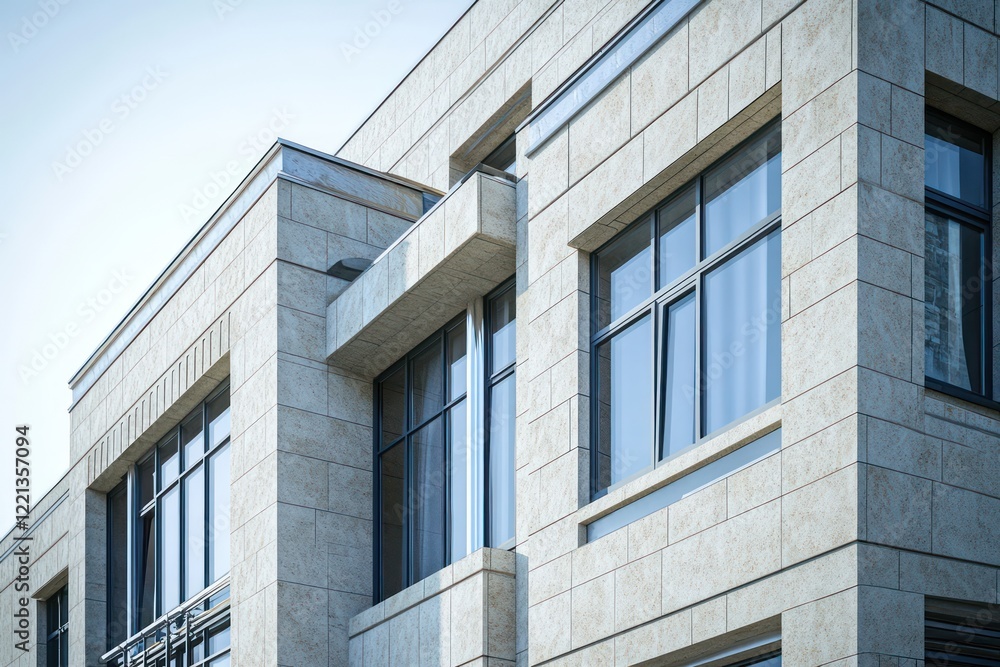 A modernist art deco building with sleek stone surfaces, angular windows, and chrome finish accents A modernist art deco building with sleek stone surfaces, angular windows, and chrome finish accents