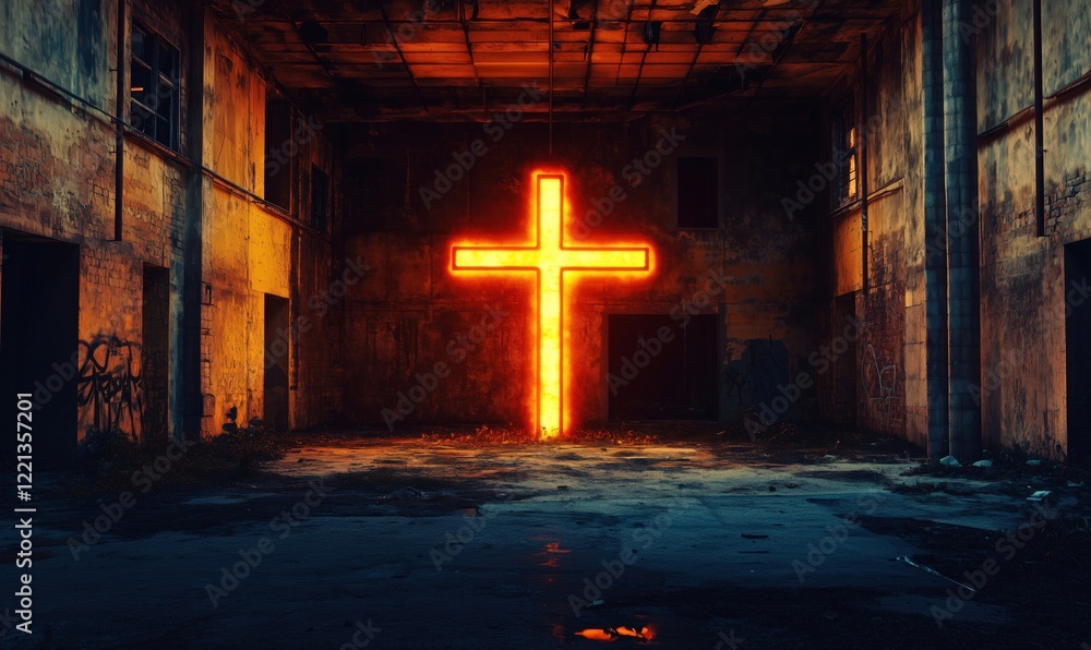 Naklejka premium Illuminated Cross in Abandoned Warehouse, Neon Glow, Urban Decay, Grunge Aesthetic, Spiritual Symbolism, Contrast of Light and Darkness