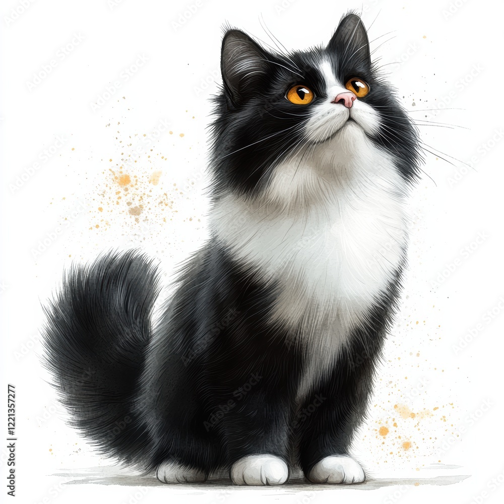 Playful black and white cat looking up with bright orange eyes Playful black and white cat looking up with bright orange eyes