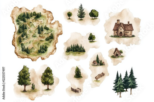 intricate watercolor map featuring mystical forest, trees, and cottages. This enchanting design evokes sense of adventure and exploration photo