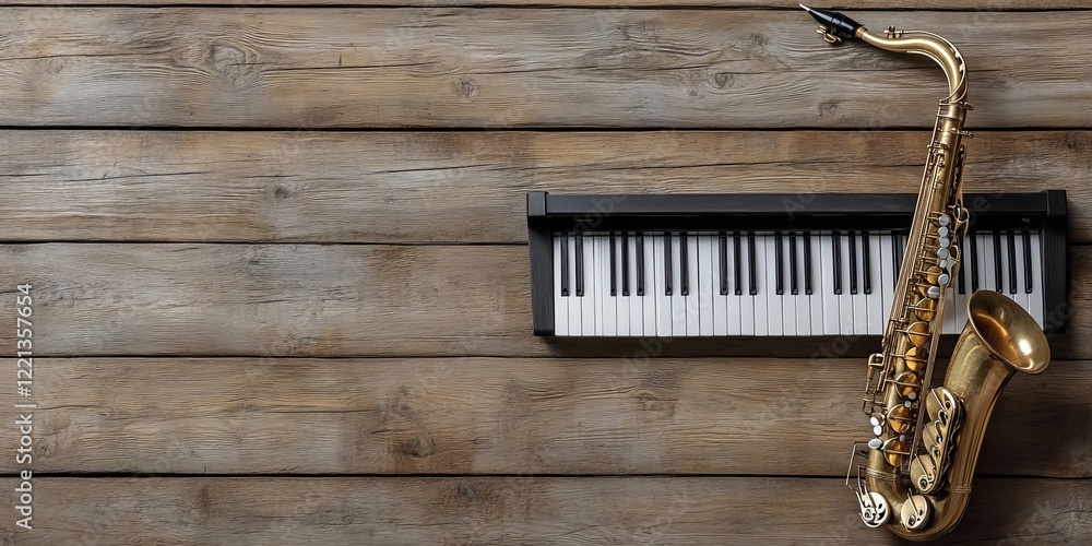Naklejka premium Saxophone and Keyboard on Rustic Wooden Background