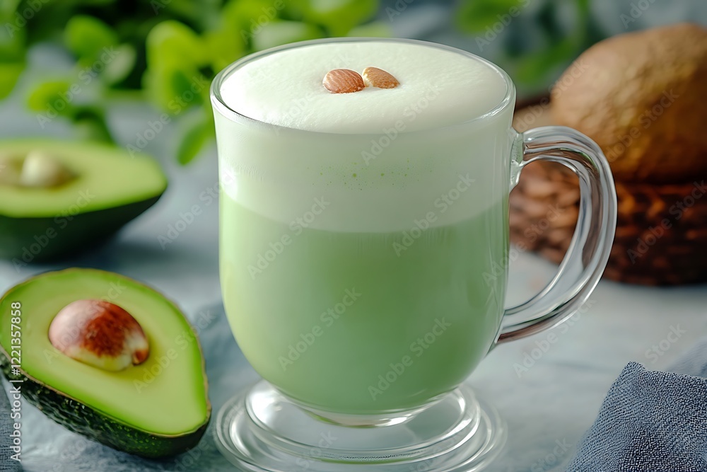 A bright and creamy avocado latte with a light green hue and a frothy foam layer. A bright and creamy avocado latte with a light green hue and a frothy foam layer.