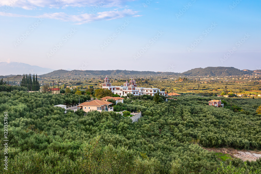 Expansive panoramic view of Eleftherotria Monastery, located on the island of Zakynthos, Greece Expansive panoramic view of Eleftherotria Monastery, located on the island of Zakynthos, Greece
