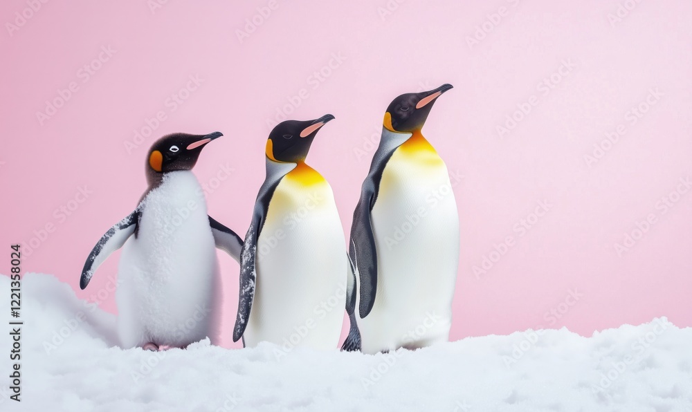 Fototapeta premium Emperor Penguins Family Portrait on Snowy Background with Pink Hue, Showcasing Adult and Chick Penguins in Playful Stance