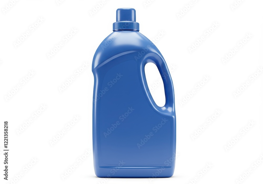 A 3D blue plastic detergent bottle with a sleek ergonomic design featuring a sturdy handle and a twist cap isolated on white background A 3D blue plastic detergent bottle with a sleek ergonomic design featuring a sturdy handle and a twist cap isolated on white background