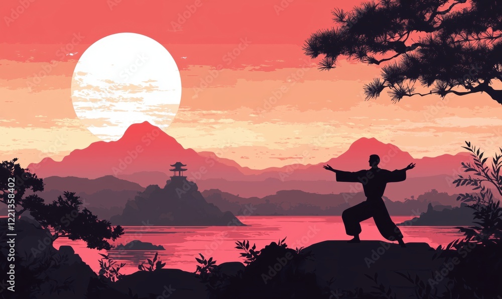 Fototapeta premium Martial Artist Silhouette Practicing at Sunset Over Serene Landscape with Mountains and Pagoda