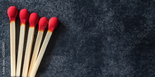 Matches arranged in a row with striking red tips on a dark textured background, showcasing simplicity and elegance photo