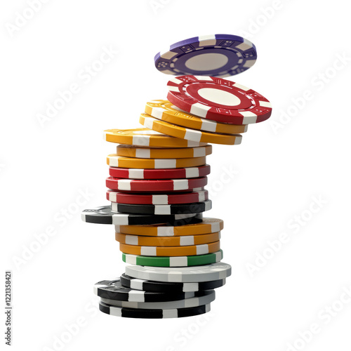 Stacked poker chips in various colors isolated on a transparent background