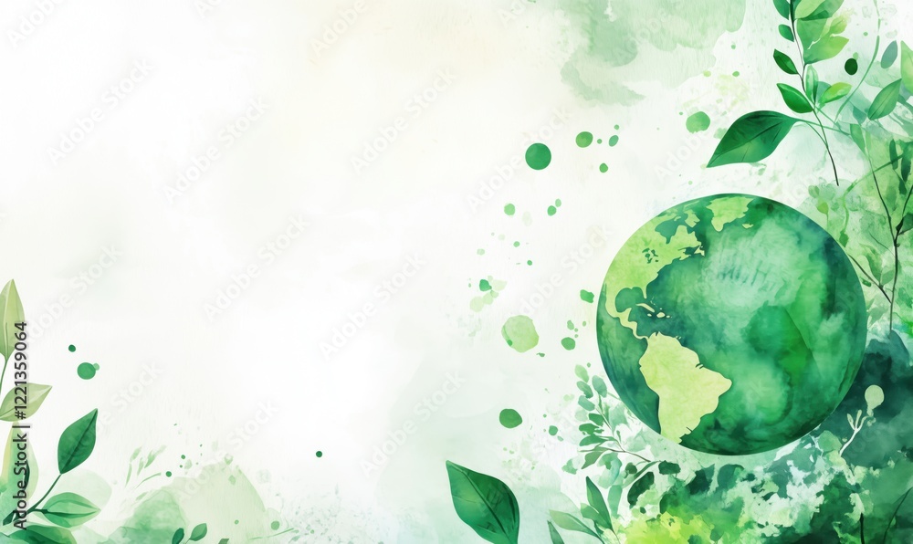 Green Earth Illustration with Watercolor Plants and Leaves, Symbolizing Nature and Environmental Awareness Green Earth Illustration with Watercolor Plants and Leaves, Symbolizing Nature and Environmental Awareness