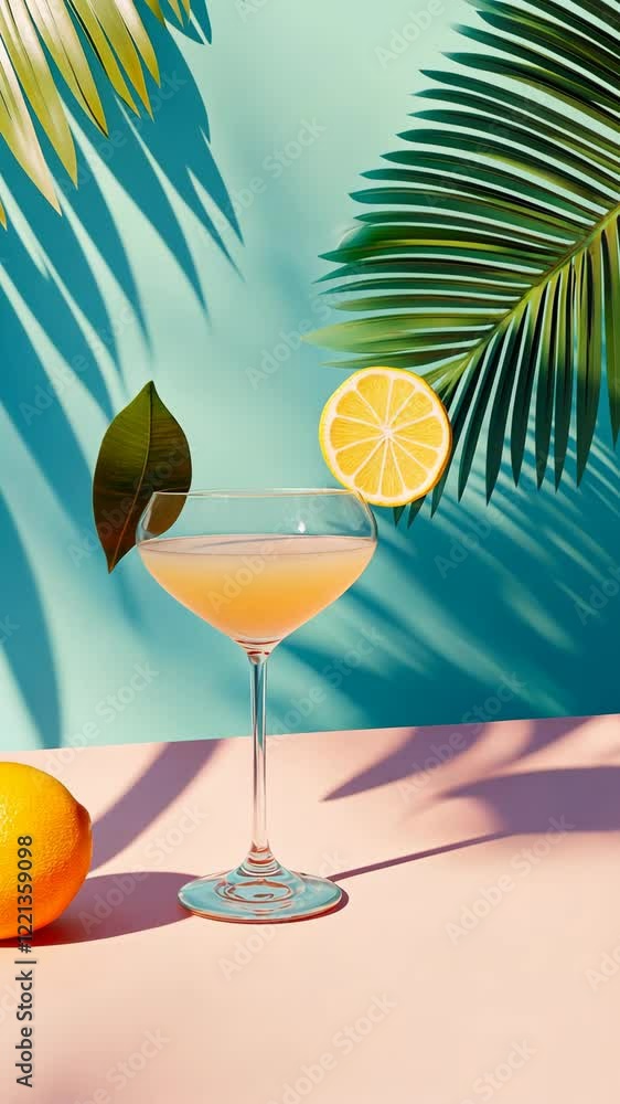 Refreshing cocktail with citrus garnish and tropical backdrop in bright sunlight Refreshing cocktail with citrus garnish and tropical backdrop in bright sunlight