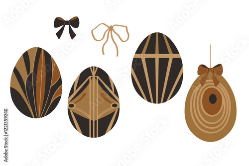 Vector set with Easter eggs and bows in Art Deco style. Stylish decorative decor for Christian spring Paschal holidays. 
Hand drawn festive elements for design, wrapping paper, flyer, card, poster