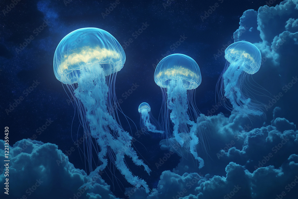 Naklejka premium A Celestial Moon of Ever-Shifting Clouds, Where Colors Flow and Luminous Jellyfish Drift, Casting Ethereal Shadows Across the Sky