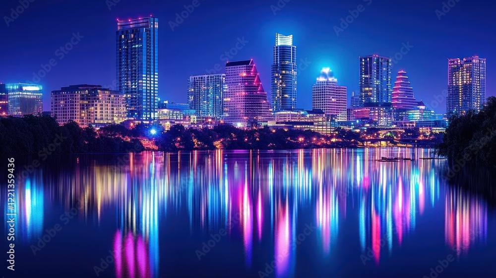 Fototapeta premium Austin Texas Skyline Night Reflection Cityscape