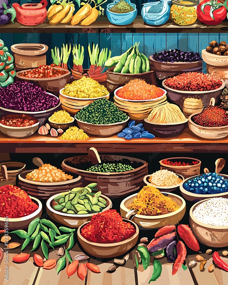 Fototapeta premium A colorful display of spices and vegetables in a market