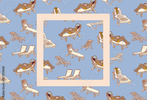 A woman in a Panama hat rests on a beach lounger. Summer resort seamless pattern. Blue beach hand drawn illustration of people on a seaside vacation.