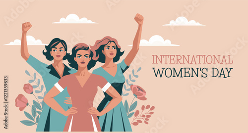 International Women's Day card. Young women with flowers and raised hands in protest. Banner, poster, illustration
