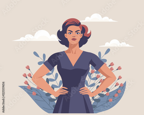 Young woman on sky background with flowers. Feminism and equality concept. Flat illustration