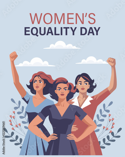 Equality Day card. Empowered women with flowers and raised hands in protest. Banner, poster
