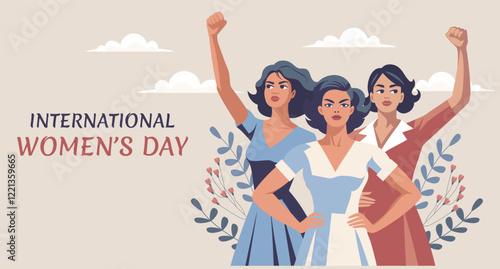 International Women's Day card. Young women with flowers and raised hands in protest. Banner, poster, illustration