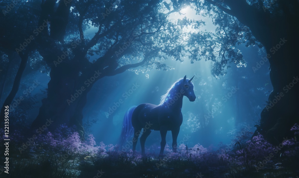 Majestic unicorn standing in enchanted forest illuminated by ethereal light beams, surrounded by mystical flora and trees Majestic unicorn standing in enchanted forest illuminated by ethereal light beams, surrounded by mystical flora and trees
