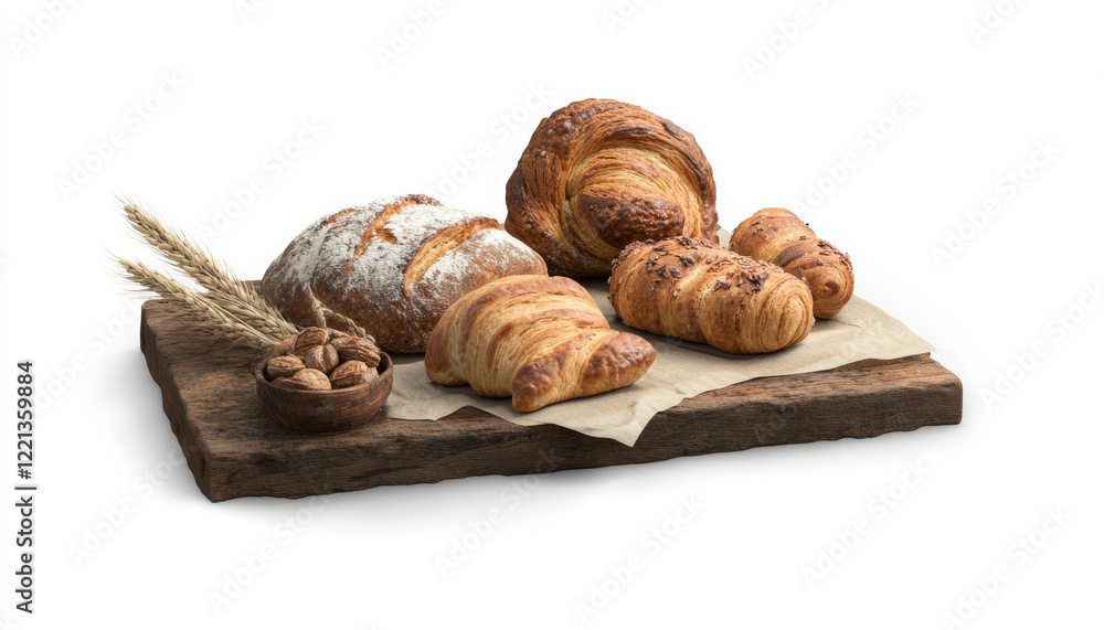 Freshly baked assortment of bread and pastries on wooden board, showcasing various textures and shapes, perfect for delightful breakfast Freshly baked assortment of bread and pastries on wooden board, showcasing various textures and shapes, perfect for delightful breakfast