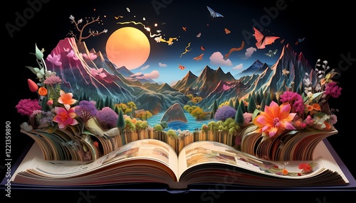 A magical open book unfolds into a vibrant 3D landscape with colorful flowers, majestic mountains, a glowing sun, and fluttering butterflies, evoking a surreal fantasy world.