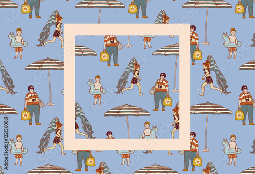 Mom with happy children at sea. Summer resort seamless family pattern. Blue beach hand drawn illustration of people on a seaside vacation.