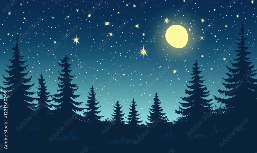 Fototapeta premium Starry Night Sky with Full Moon Over Silhouetted Pine Trees in Forest