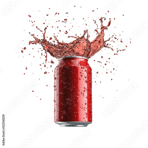Splashing soda can isolated on transparent background with droplets flying