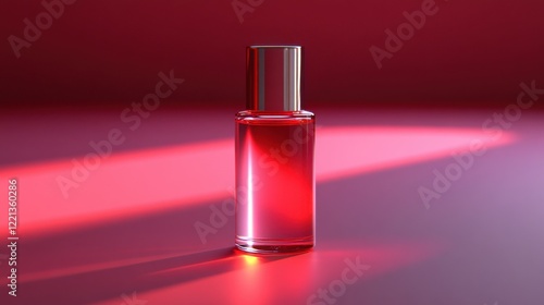 Elegant Red Glass Bottle with Cosmetic Liquid on a Gradient Background