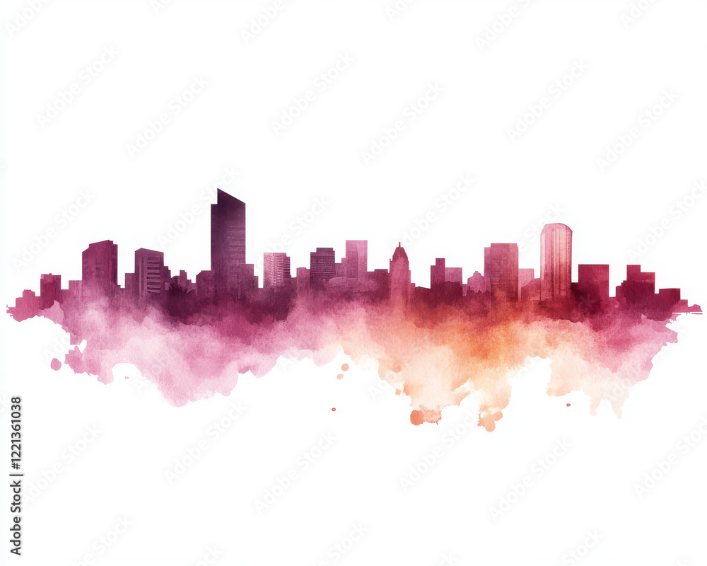 Obraz premium watercolor skyline featuring gradient of red and orange hues, creating vibrant cityscape