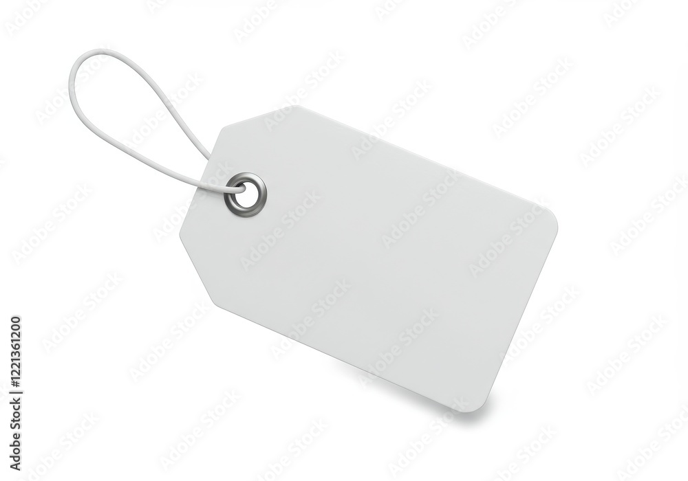 Fototapeta premium A 3D white price tag with smooth edges and a neatly attached white string looped through a silver eyelet isolated on white background