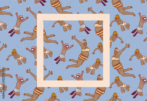 Grandmother with grandson in the pool. An old lady and a boy jump into the water. Summer resort seamless pattern. Blue beach illustration of people on vacation.