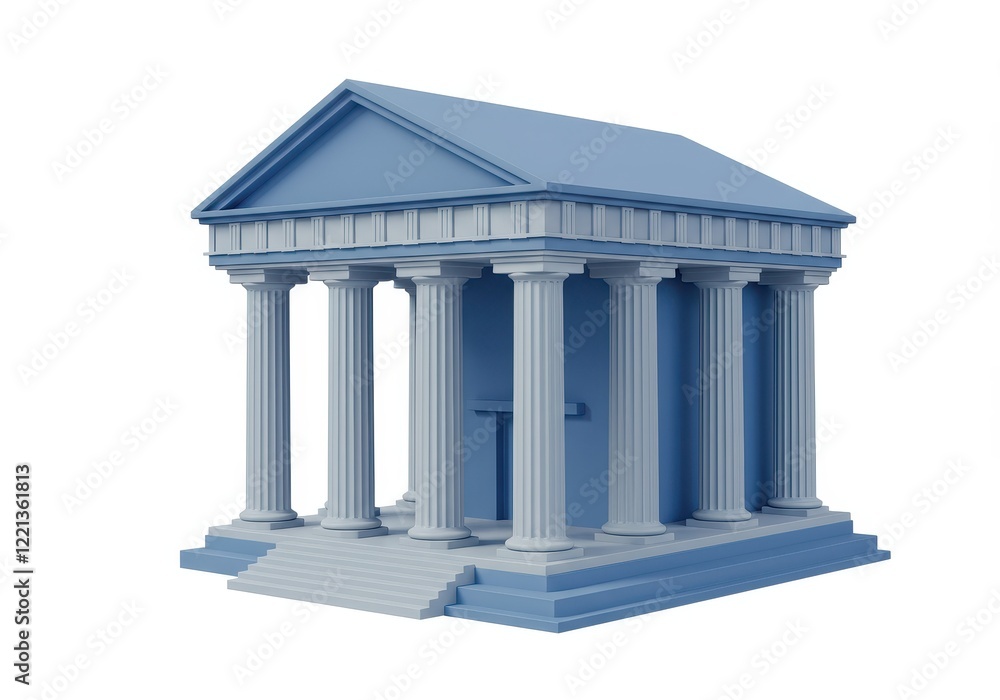 A 3D rendering of a classical bank building with Greek style columns and a triangular roof isolated on white background A 3D rendering of a classical bank building with Greek style columns and a triangular roof isolated on white background