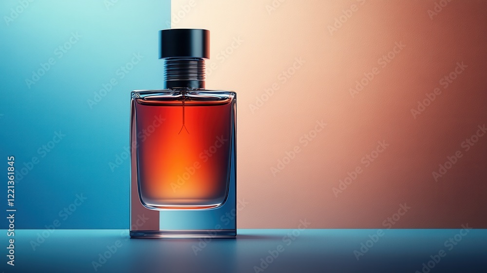 Elegant glass perfume bottle with gradient background and reflections Elegant glass perfume bottle with gradient background and reflections