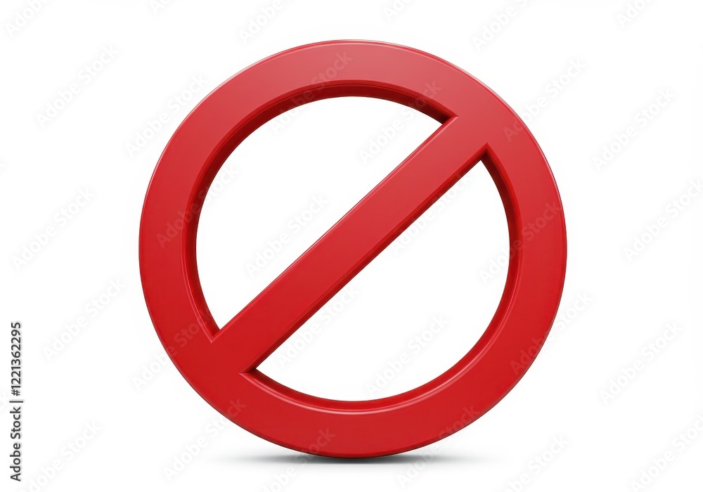 A 3D rendering of a red circular prohibition symbol with a diagonal slash through the center isolated on white background A 3D rendering of a red circular prohibition symbol with a diagonal slash through the center isolated on white background