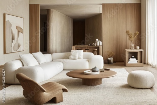 Scandinavian living room style, Light colors, minimalist furniture, natural fabrics, cozy details