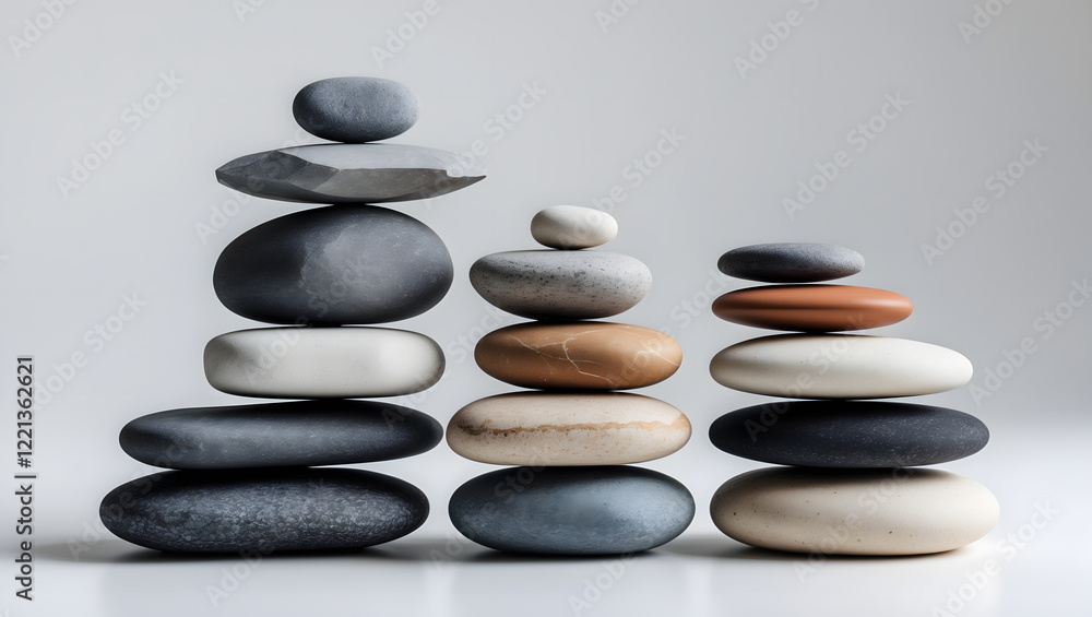 Balanced stone towers of various colors arranged artistically for a peaceful display in a minimalist setting Balanced stone towers of various colors arranged artistically for a peaceful display in a minimalist setting