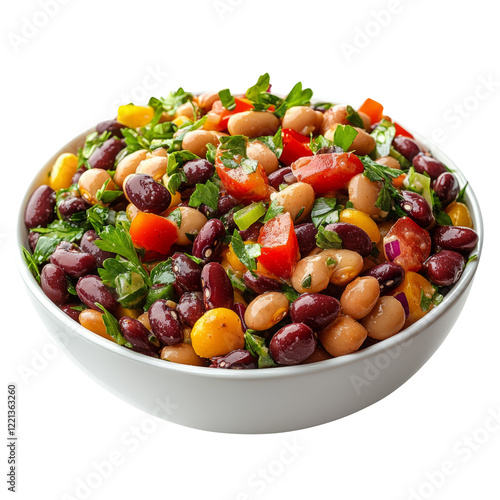 Colorful mixed bean salad in a bowl with fresh herbs on a transparent background