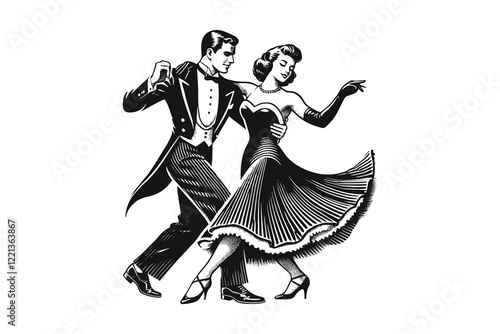  Retro couple dancing in formal wear, vintage black-and-white style