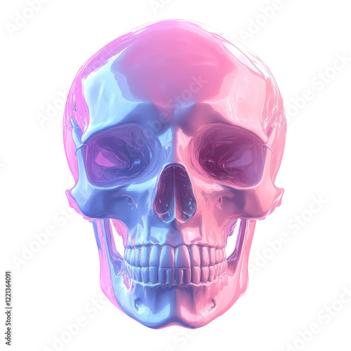 Glossy pink and blue skull rendered on a transparent background