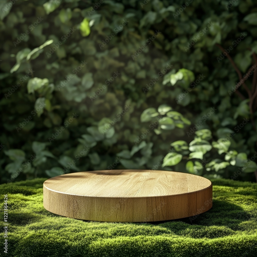 Wooden product display stand on green moss background. 3d rendering Wooden product display stand on green moss background. 3d rendering