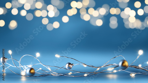 Blue background with a string of lights and a few balls. Minimalistic background.