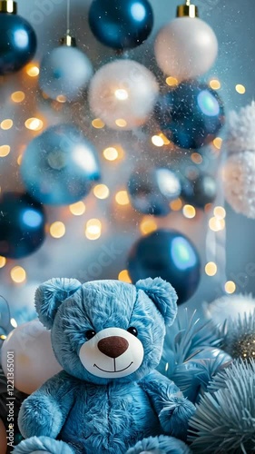 Wallpaper Mural Blue background with cute teddy bear, bokeh lights, balloons and copy space. Festive animated backdrop with empty space for text. Greeting card for boy. Event for kids. Its a boy. Torontodigital.ca